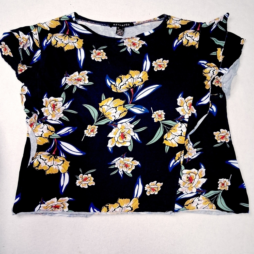 4/20$ Revamped Black Top with Yellow and White Floral Pattern
